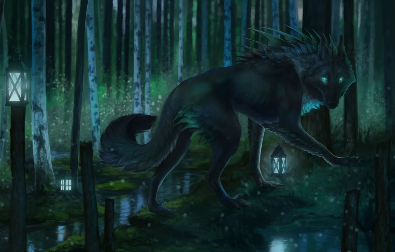 Фото обои лес, ночь, природа, волк, фонарь, ретушь, by Aivoree