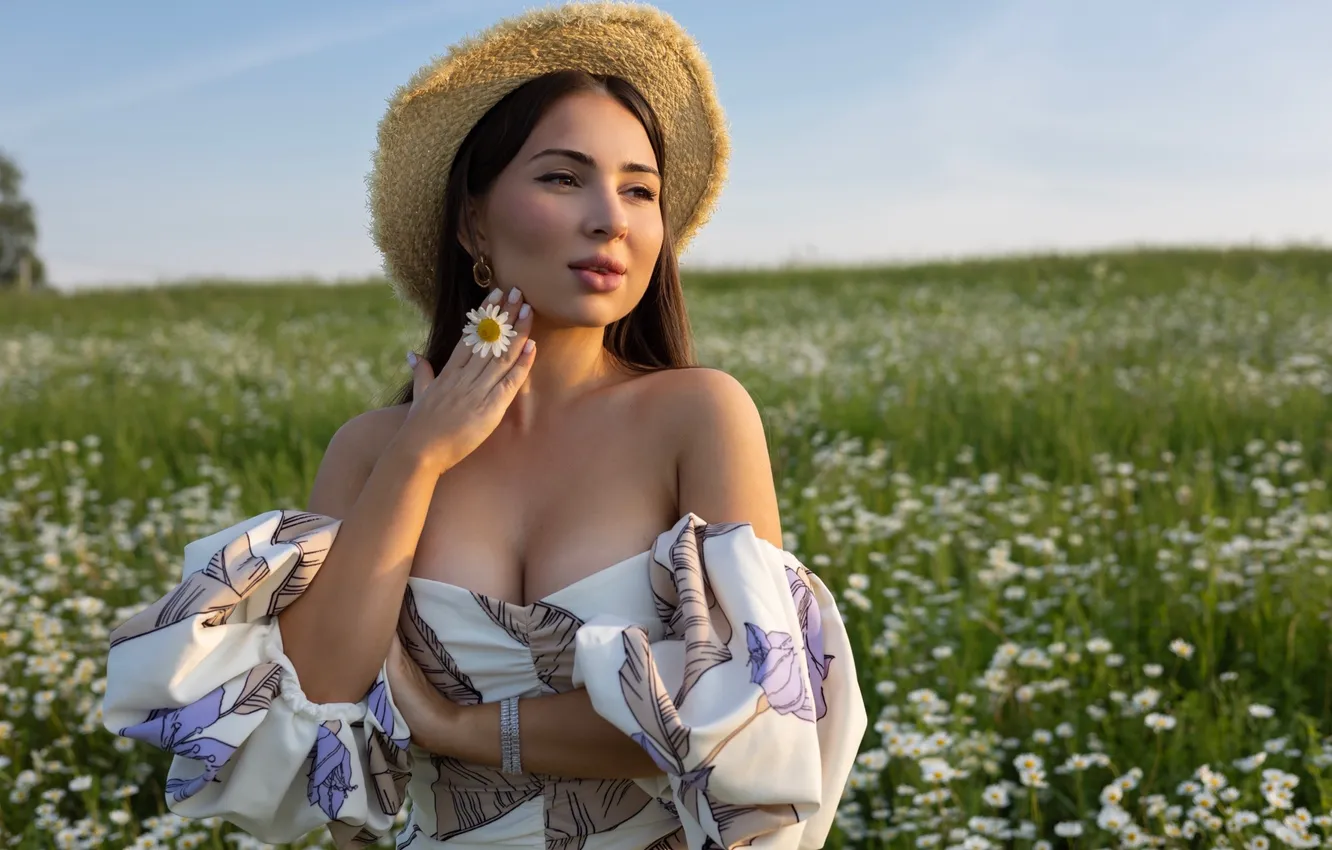 Фото обои девушка, природа, sky, dress, field, nature, flowers, clouds