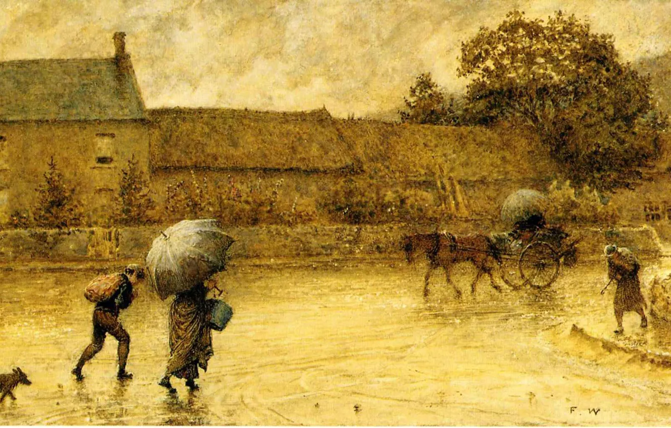 Фото обои город, зонтик, люди, дождь, улица, лошадь, дома, картина