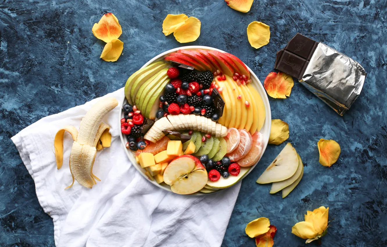 Фото обои ягоды, шоколад, завтрак, фрукты, банан