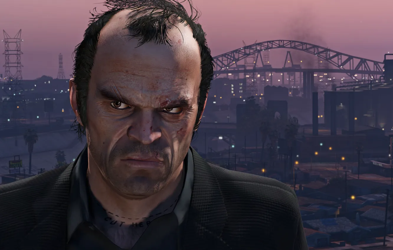 Фото обои City, Sunset, Face, Grand Theft Auto V, GTA V, Philips, Trevor, Los Santos