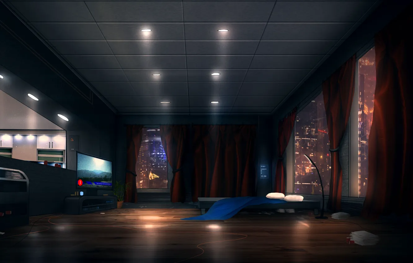 Фото обои свет, комната, окна, кровать, апартаменты, sci-fi