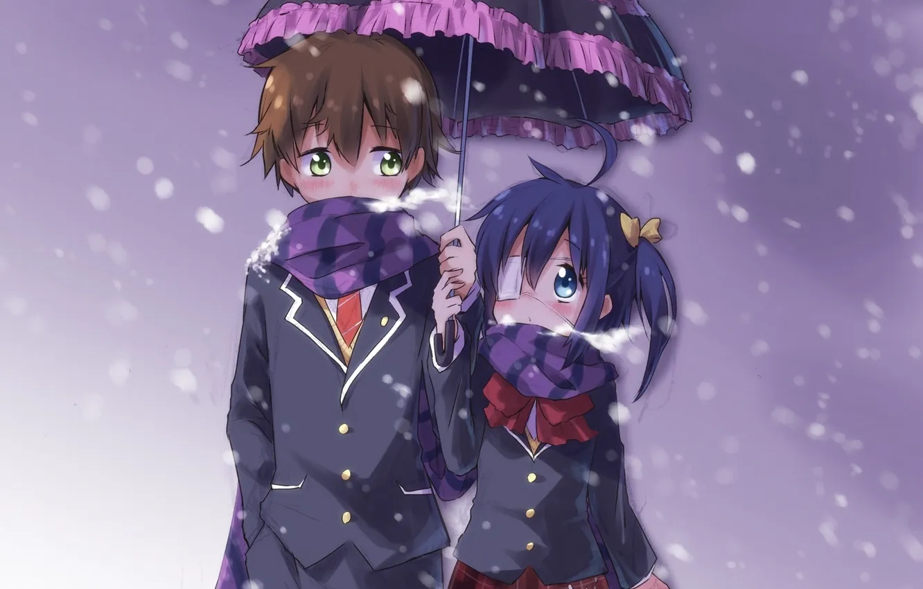 Фото обои девушка, снег, зонт, аниме, шарф, арт, повязка, форма