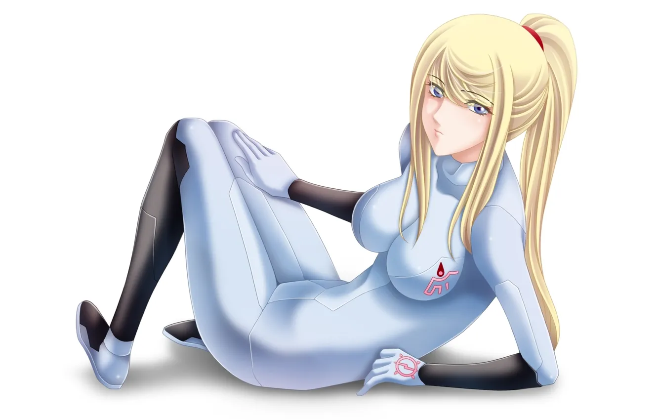 Фото обои взгляд, девушка, поза, костюм, art, простой фон, samus aran, metroid