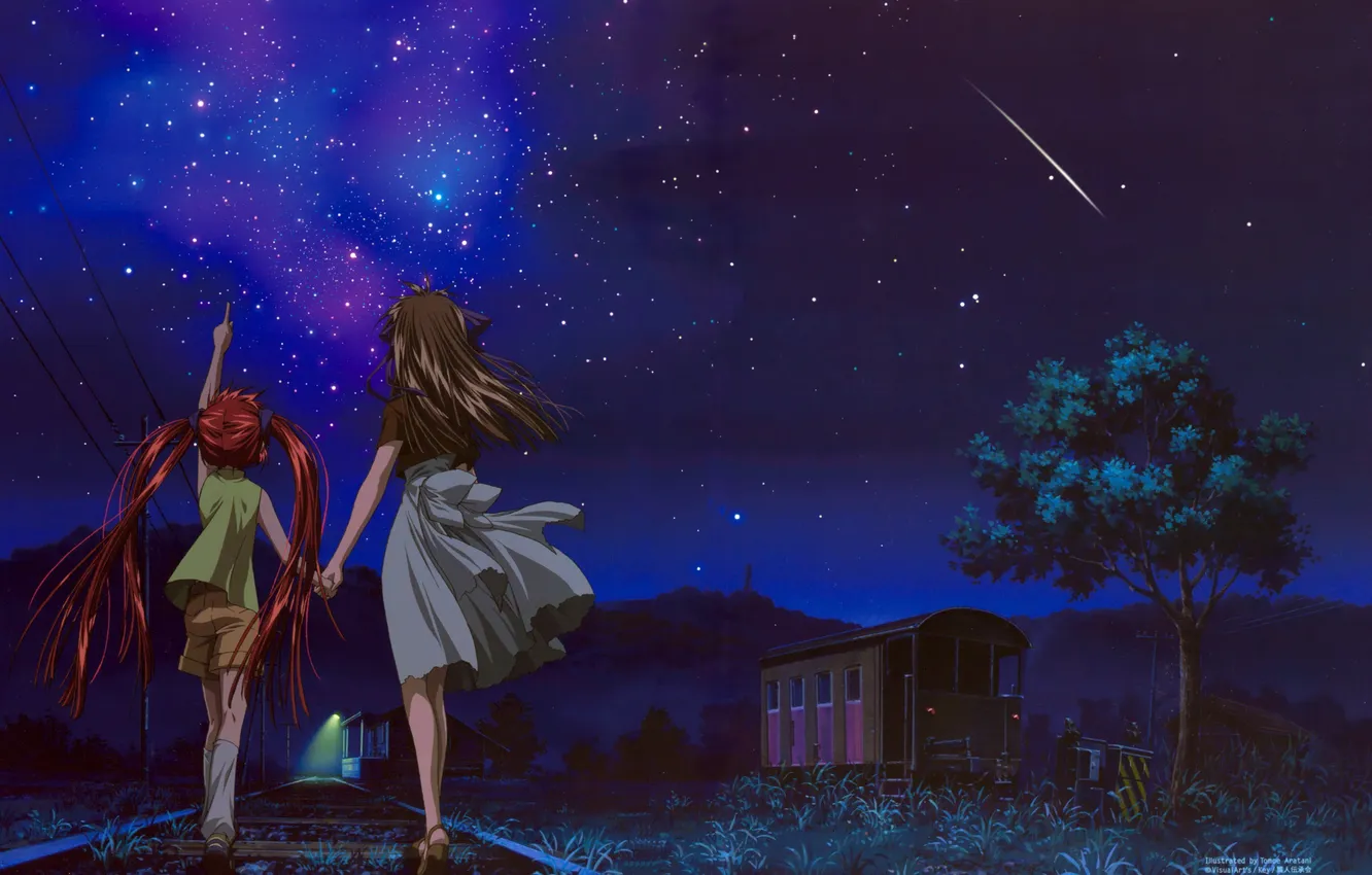 Фото обои девушка, звезды, деревья, ночь, природа, путь, рельсы, аниме