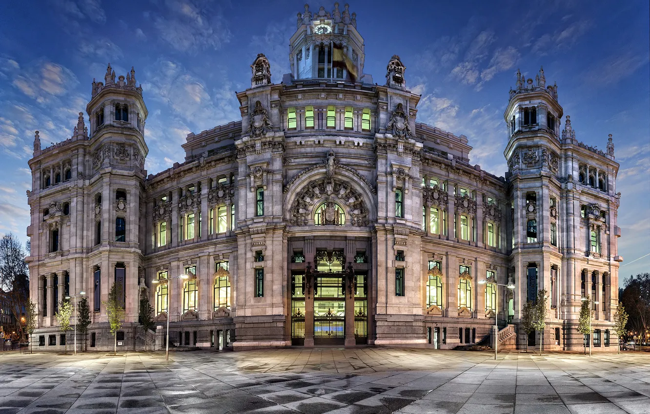 Фото обои ночь, площадь, фонари, Испания, дворец, Madrid