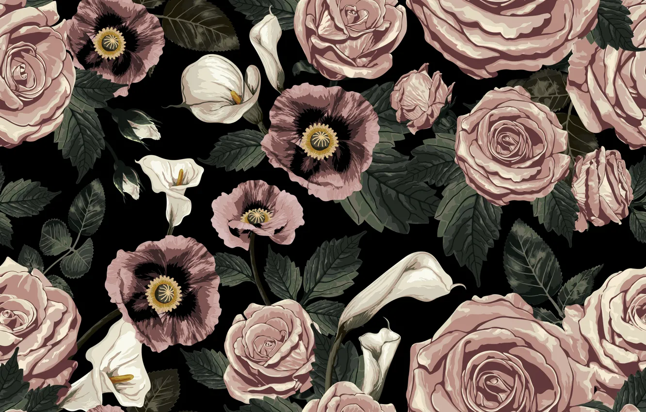 Фото обои цветы, фон, лилии, розы, розовые, белые, бесшовный