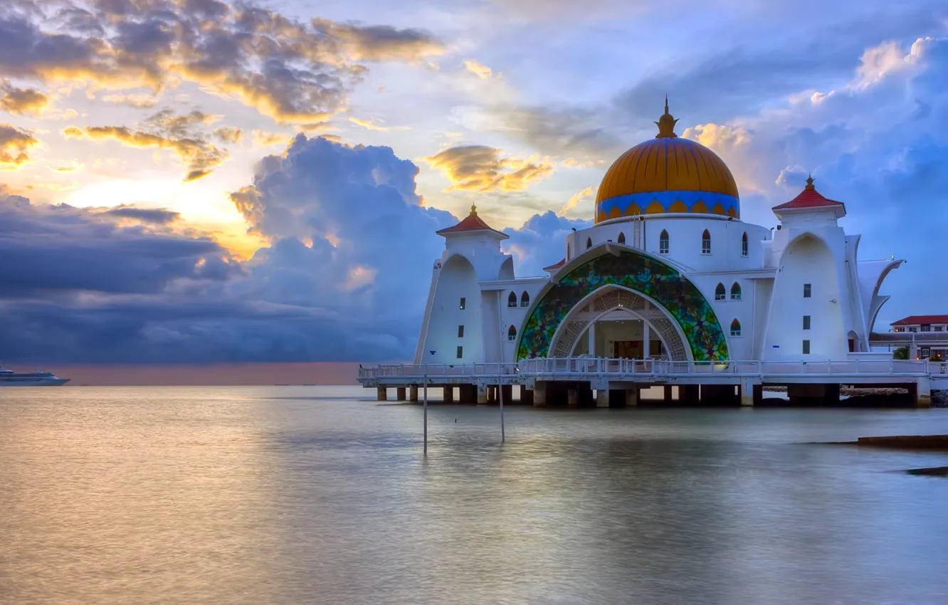 Фото обои море, пейзаж, Malaysia, Malacca Straits Mosque