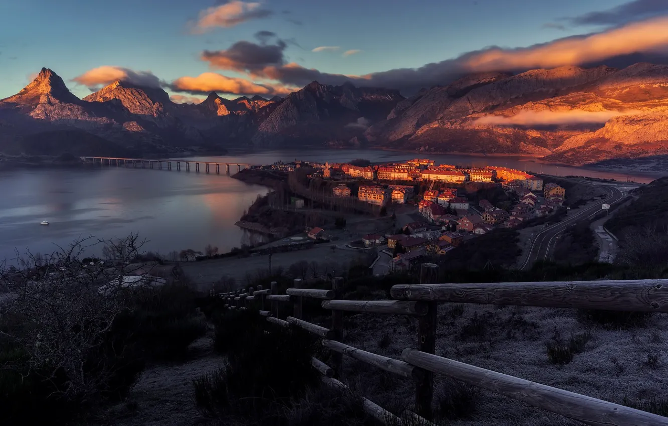 Фото обои city, twilight, road, sky, sea, landscape, nature, bridge