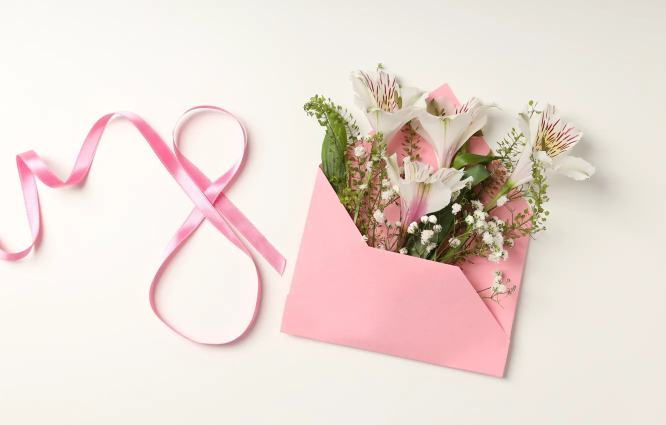 Фото обои цветы, happy, 8 марта, pink, flowers, spring, celebration, ribbon