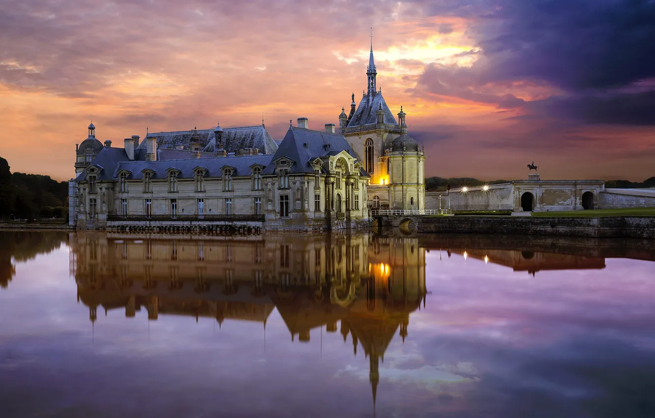 Фото обои пруд, отражение, Франция, Уаза, замок Шантийи