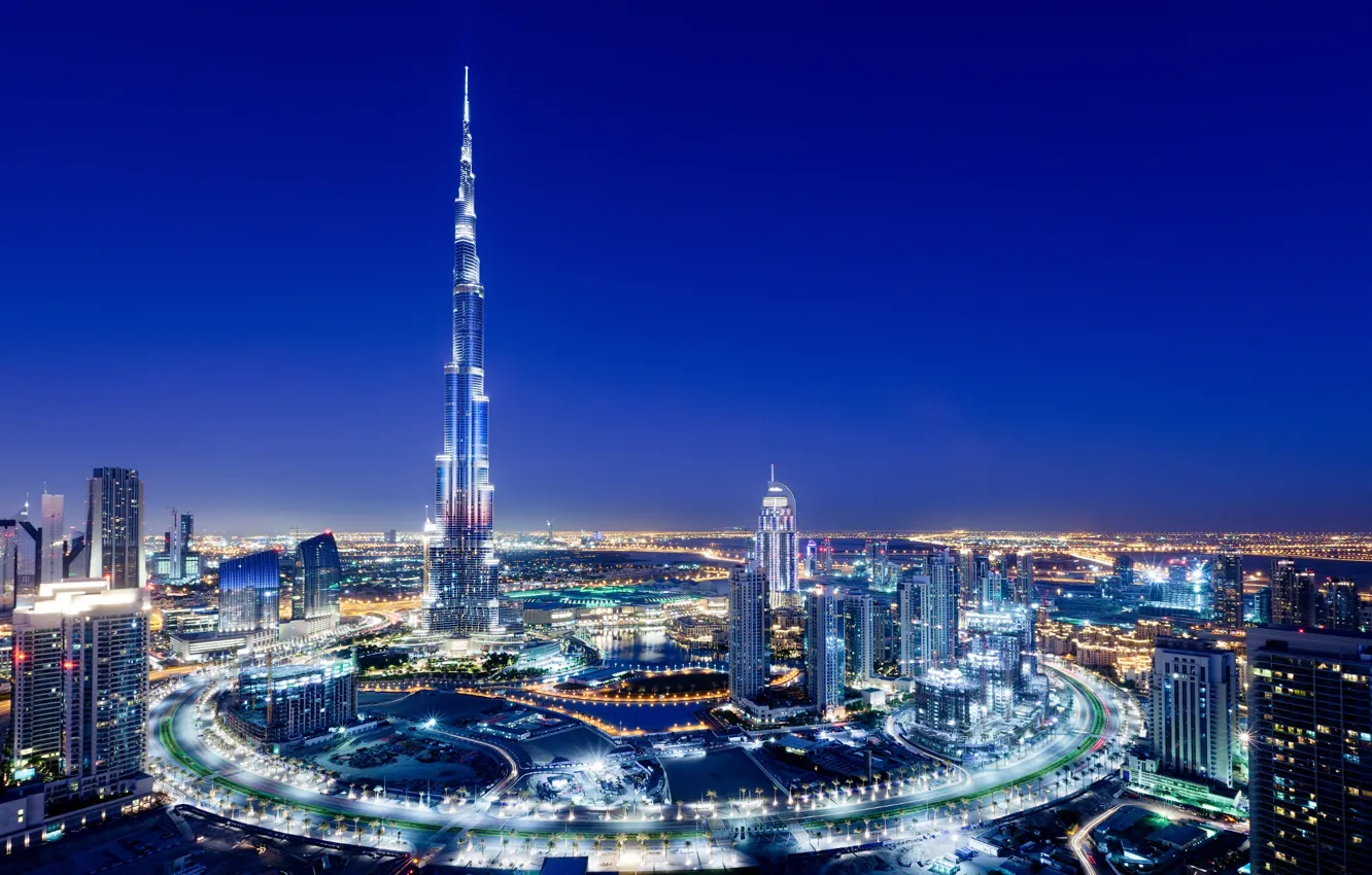 Фото обои город, огни, вечер, Дубай, Dubai, ОАЭ, башня Бурдж-Халифа