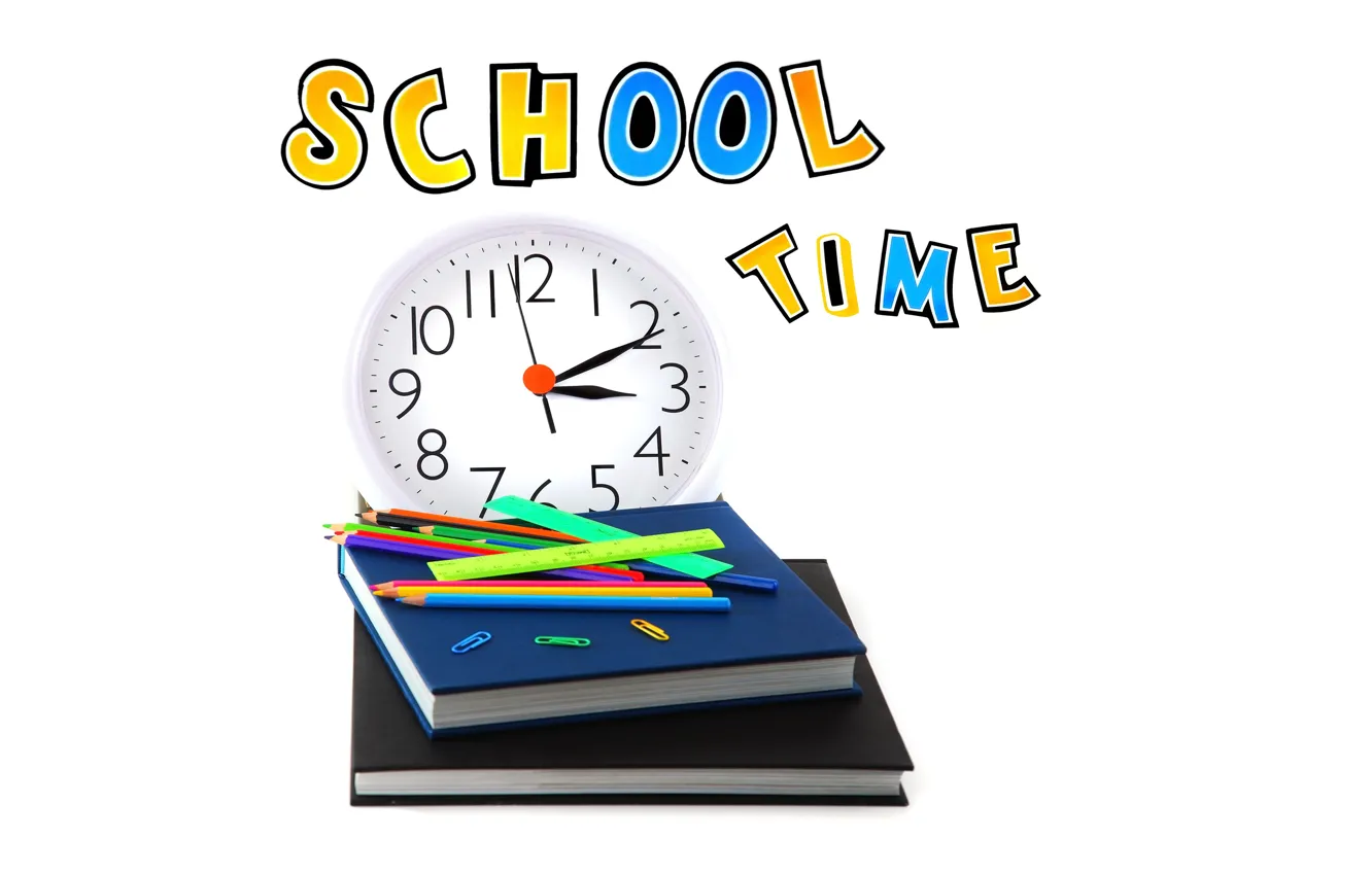 Фото обои время, надпись, часы, книги, карандаши, белый фон, школа, боке