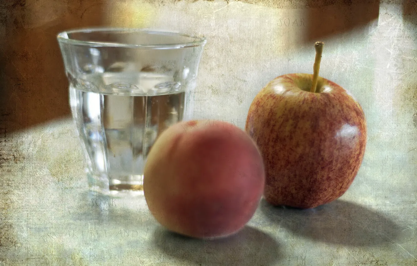 Фото обои стакан, стиль, яблоко, персик