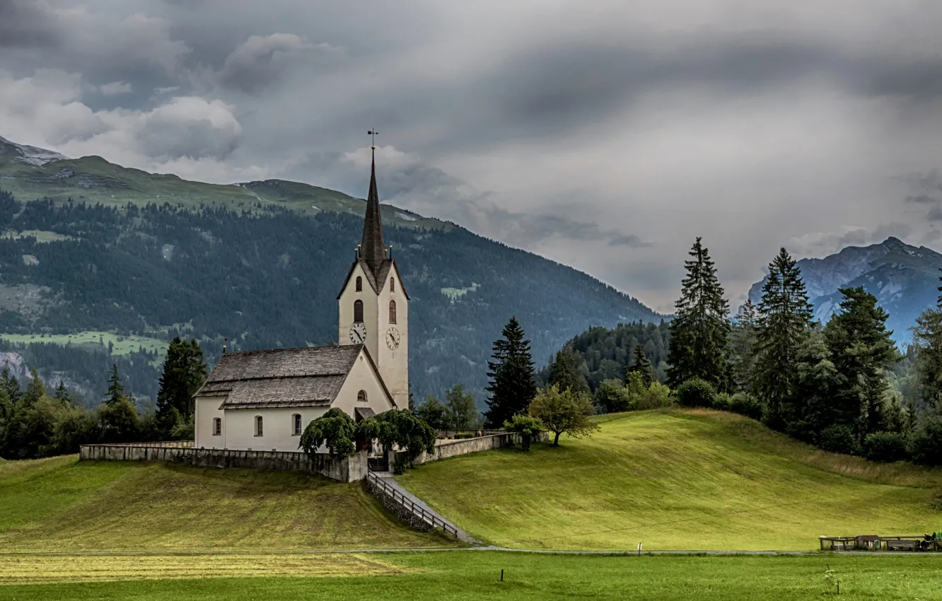 Фото обои деревья, горы, Швейцария, Альпы, церковь, Switzerland, Alps, Граубюнден