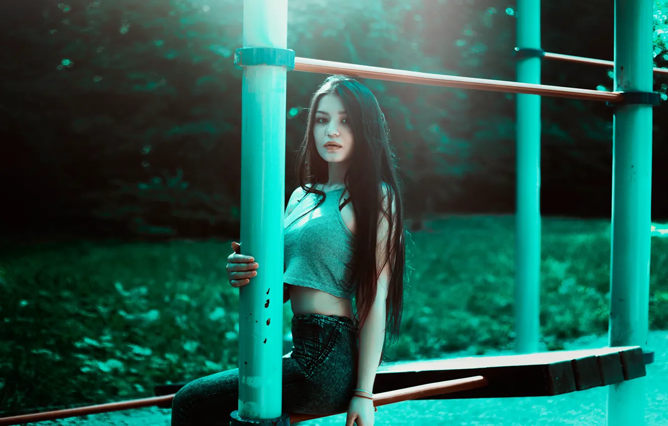 Фото обои grass, trees, jeans, Woman, sitting, outdoors, poles, teal crop top