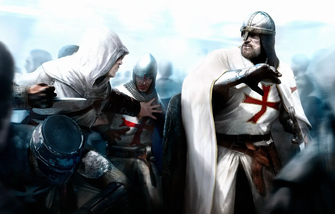 Фото обои Assassins creed, ШЛЕМ, КОЛЬЧУГА, СХВАТКА