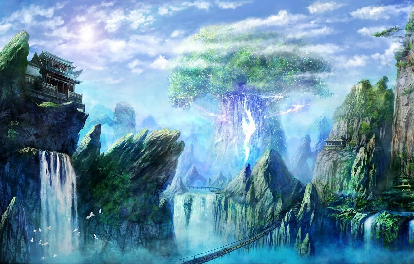 Фото обои небо, мост, скалы, рисунок, водопад, дома, арт, большое дерево