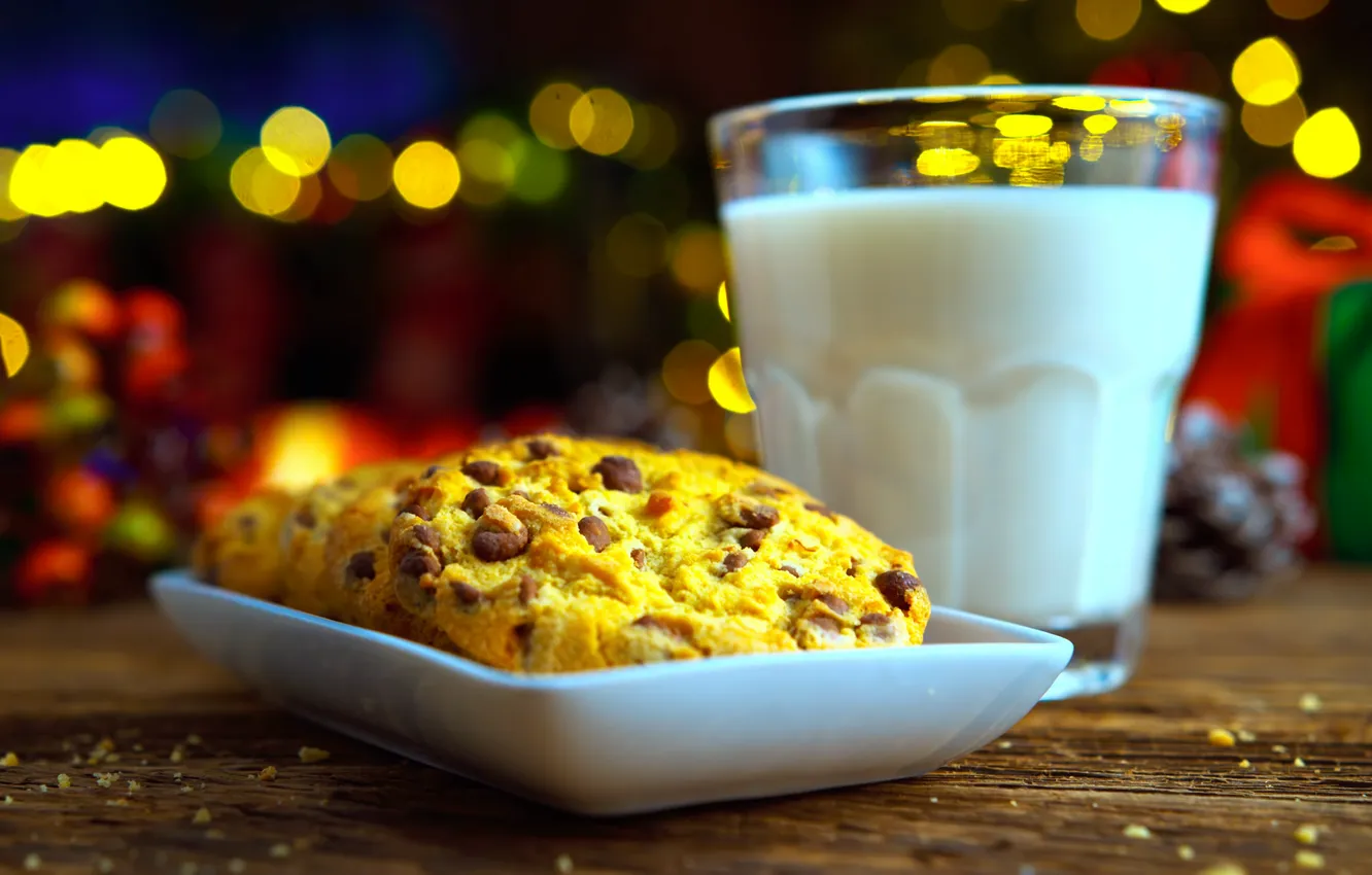 Фото обои lights, milk, cookies, CHristmas atmosphere