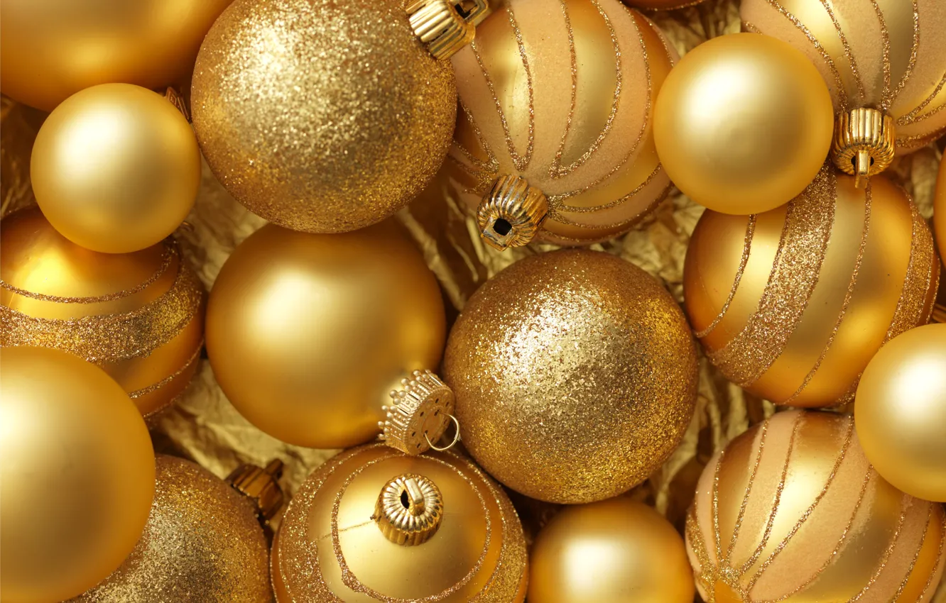 Фото обои украшения, шары, Новый Год, Рождество, gold, Christmas, balls, золотые