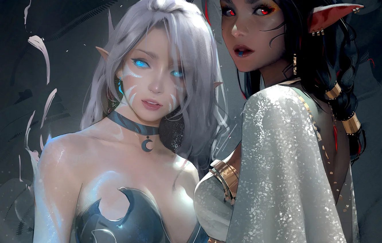 Фото обои fantasy, cleavage, girls, blue eyes, red eyes, brunette, elf, digital art