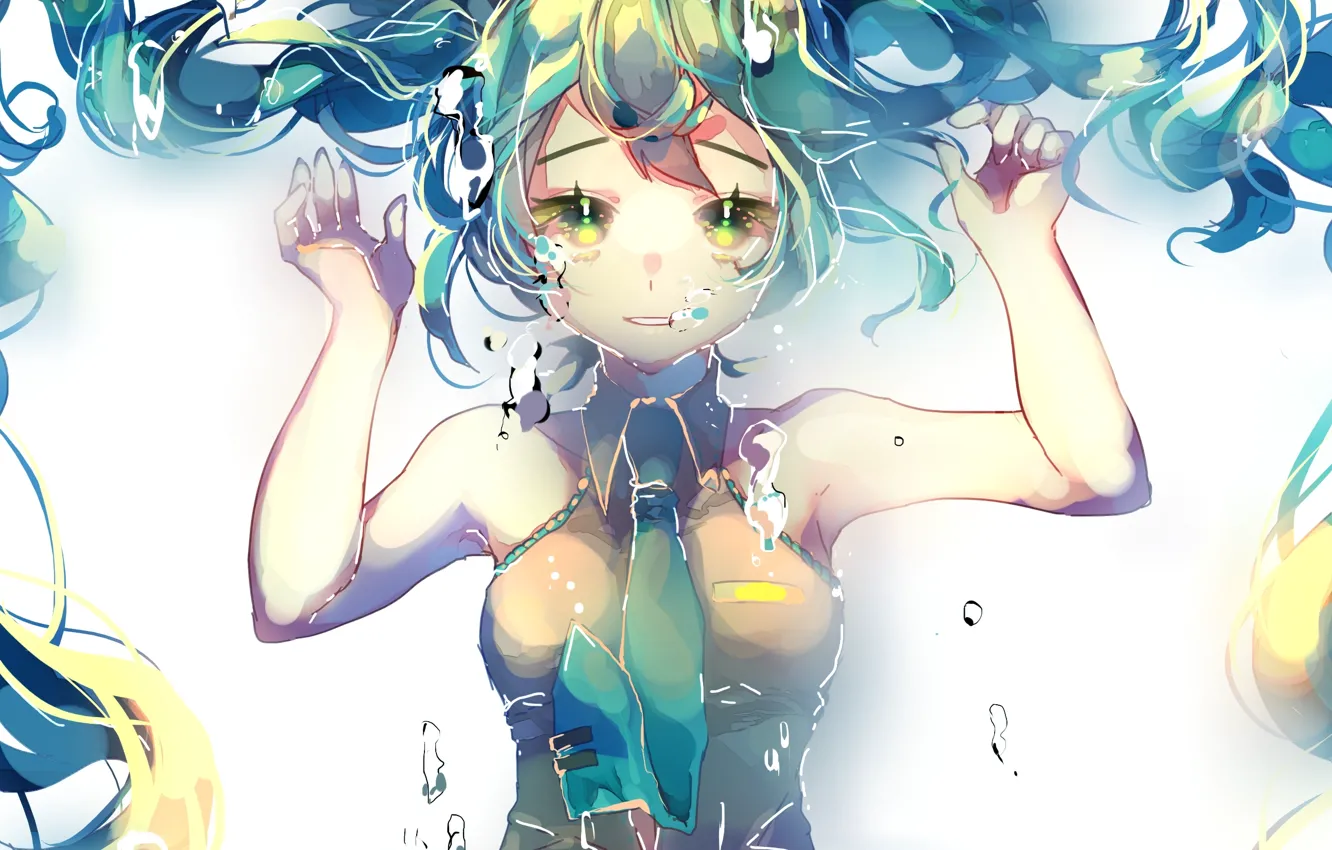 Фото обои девушка, пузыри, аниме, арт, галстук, vocaloid, hatsune miku, под водой