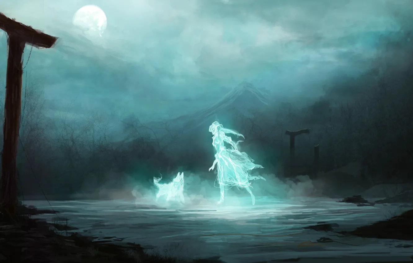 Фото обои девушка, ночь, фантастика, луна, гора, волк, дух, арт