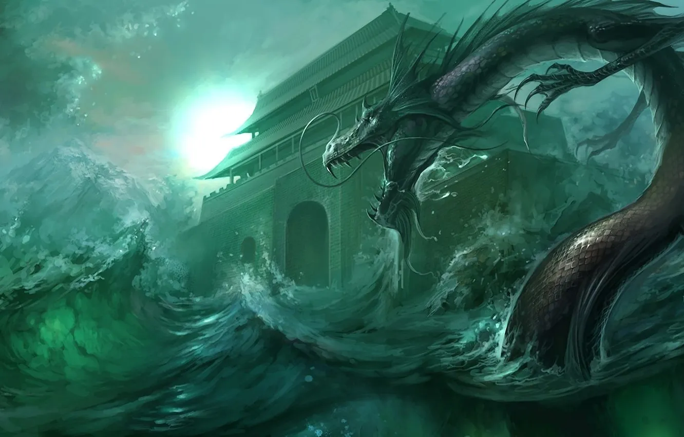 Фото обои море, волны, шторм, дракон, арт, храм, азиатский