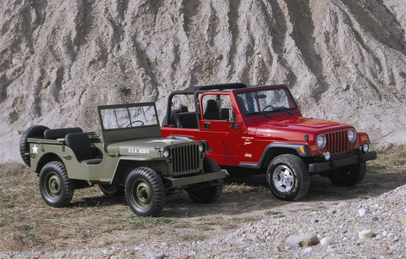 Фото обои камни, гора, старый, jeep, новый, mixed, Wrangler, Willys MB