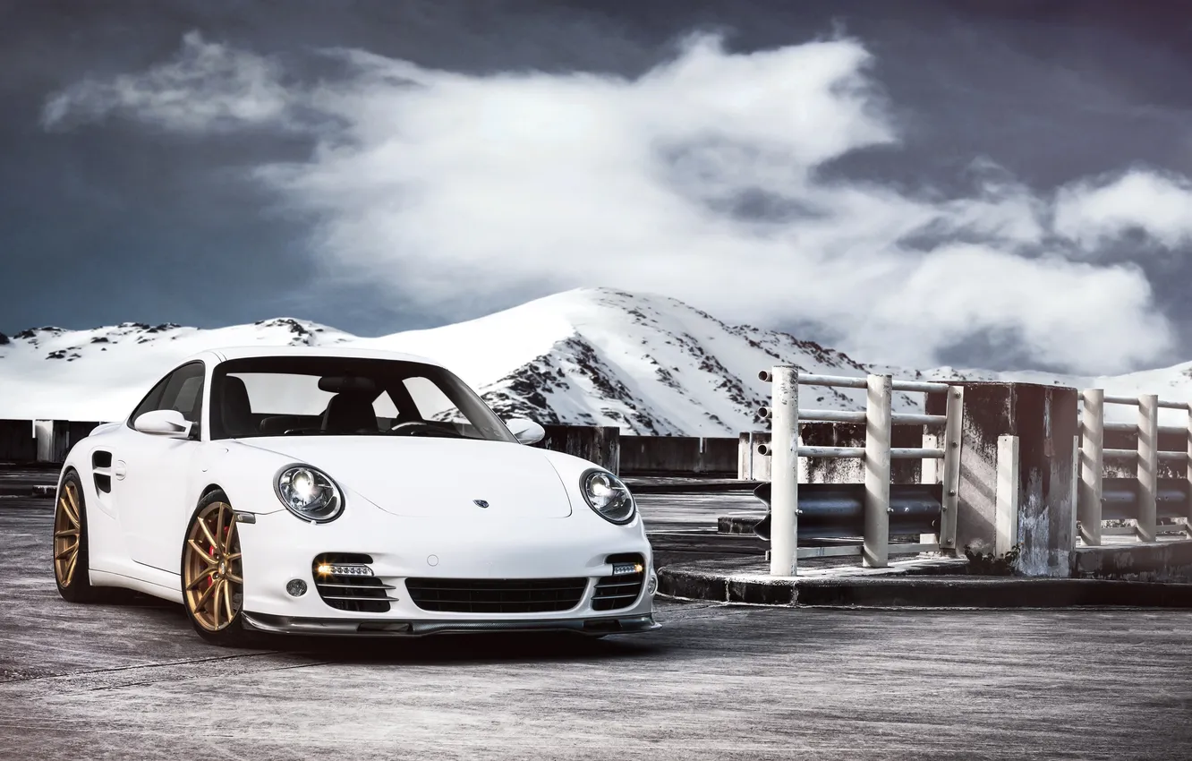 Фото обои белый, горы, 911, 997, Porsche, white, порше, front