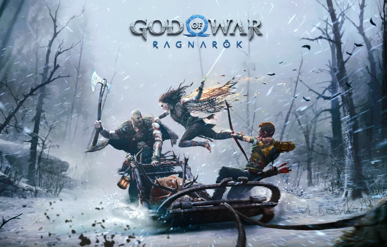 Фото обои sword, ice, god of war, weapon, kratos, snow, blow, man