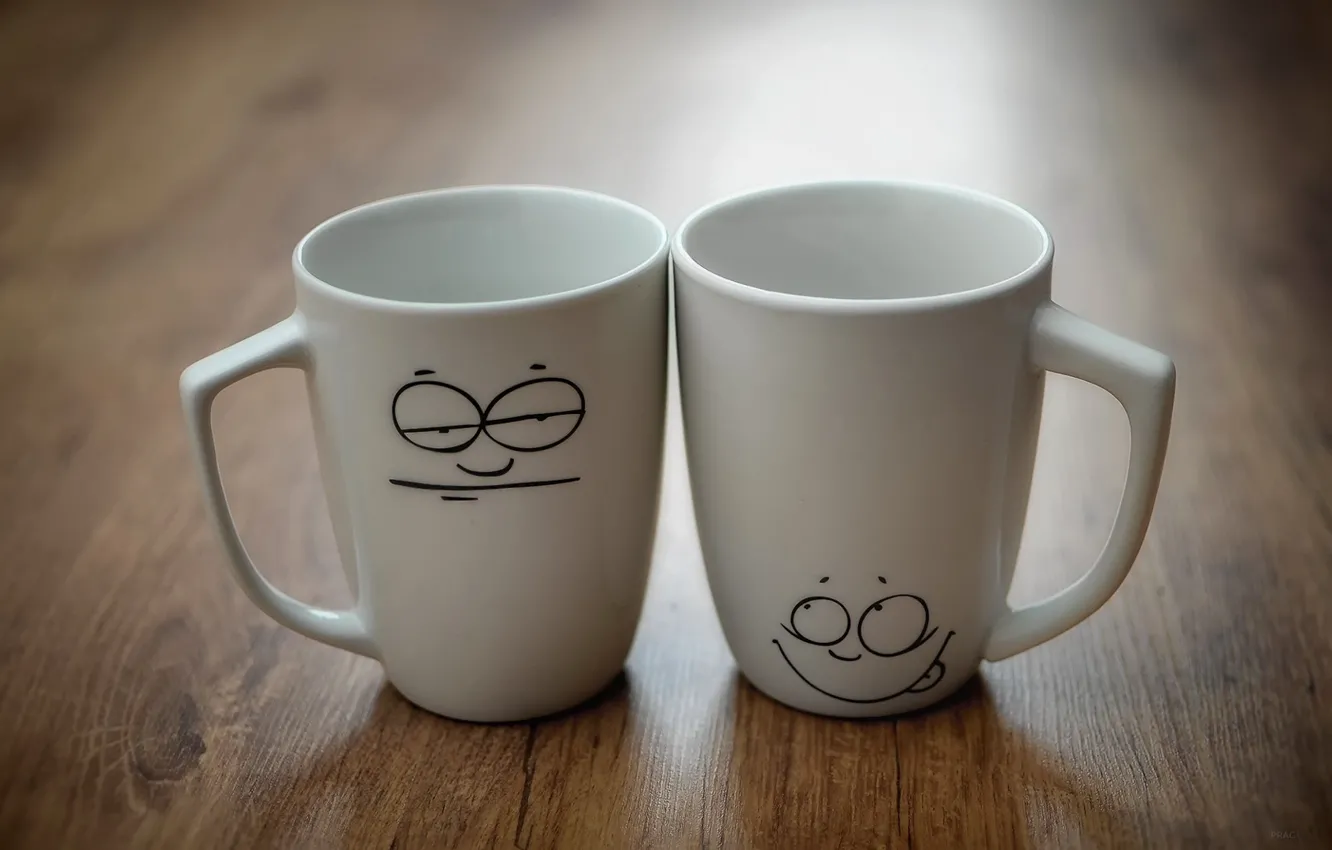 Фото обои настроение, две, чашки, кружки, рожицы, 1920x1080