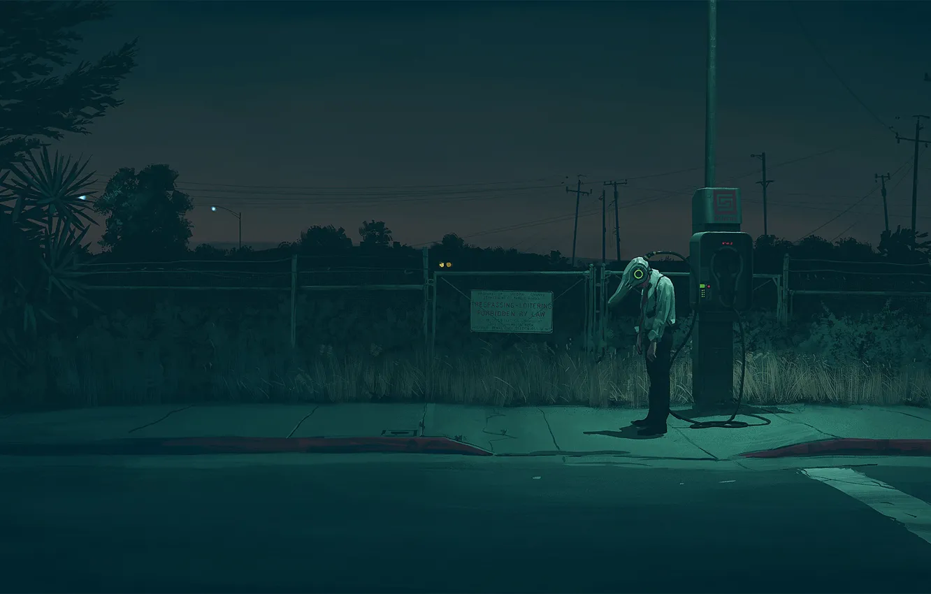 Фото обои дорога, столбы, зарядка, тротуар, upload, simon stalenhag