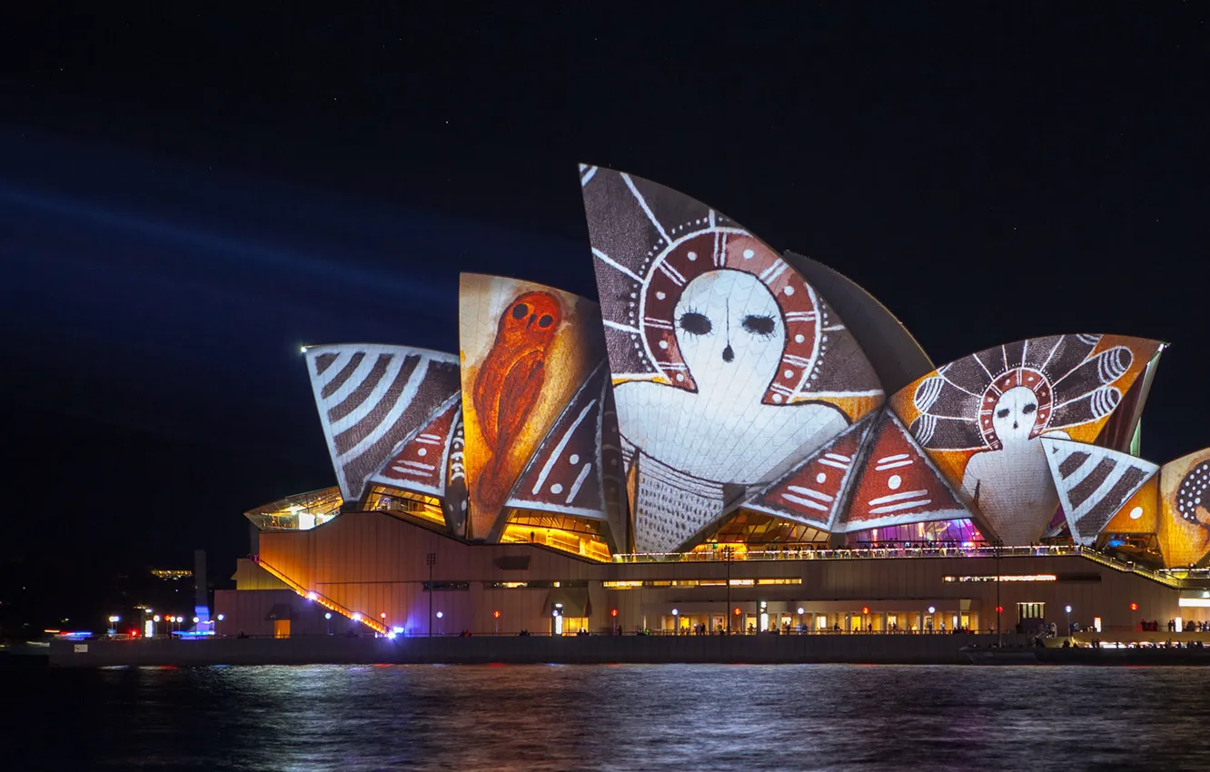 Фото обои ночь, Австралия, Сидней, световое шоу, оперный театр, Vivid festival