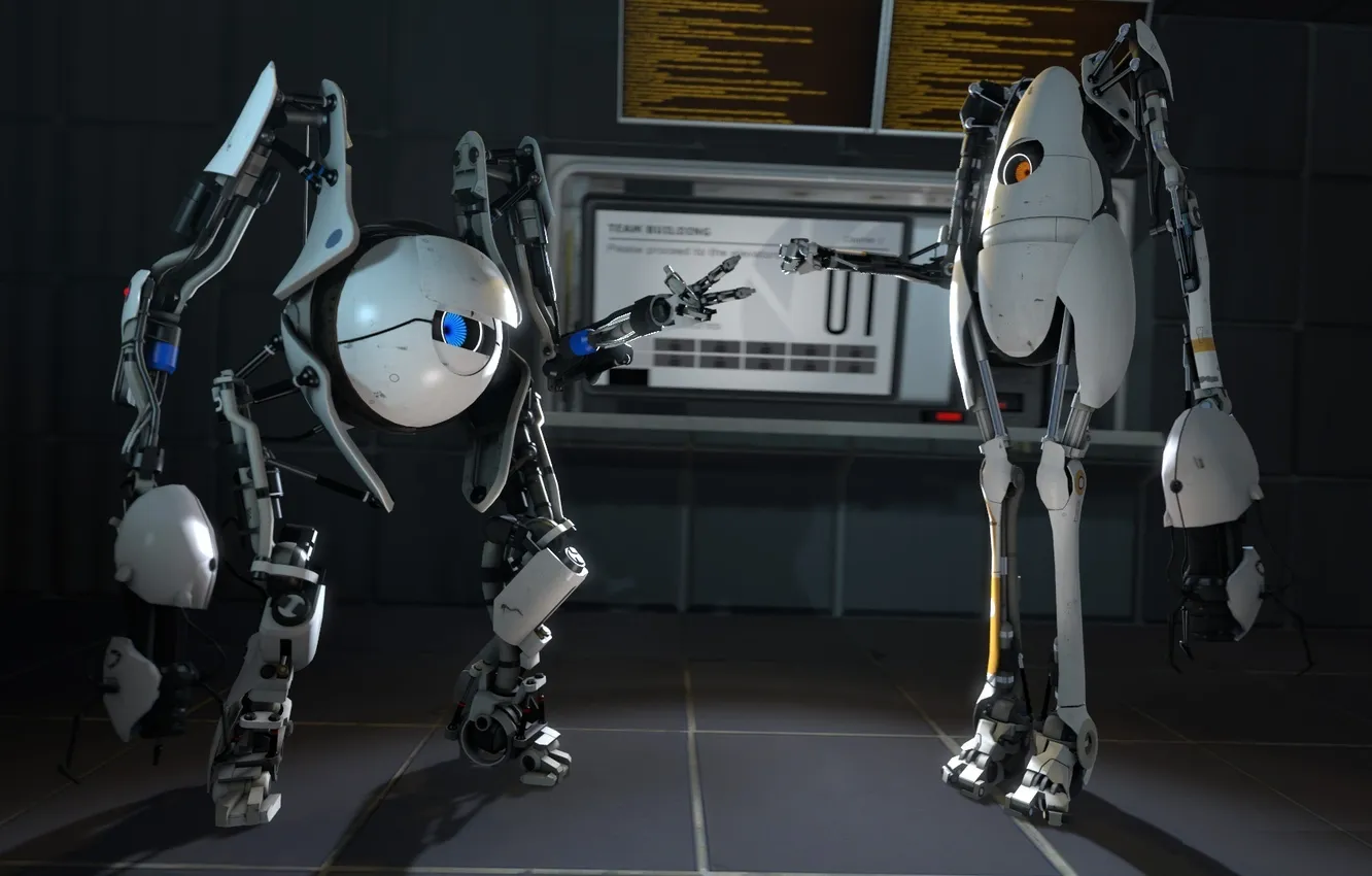 Фото обои роботы, Portal 2, Coop, камень-ножницы-бумага