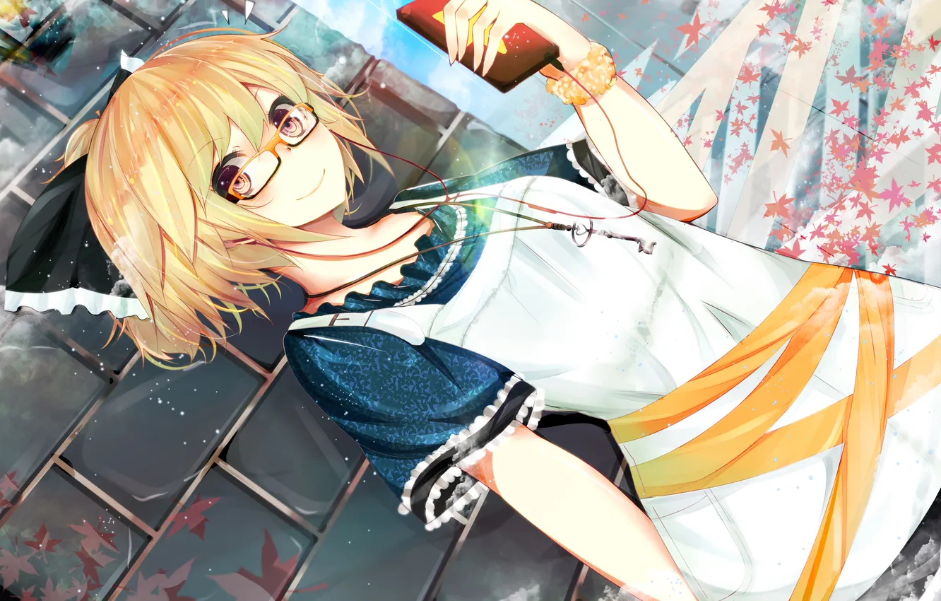 Фото обои листья, девушка, наушники, очки, ключи, touhou, kurodani yamame