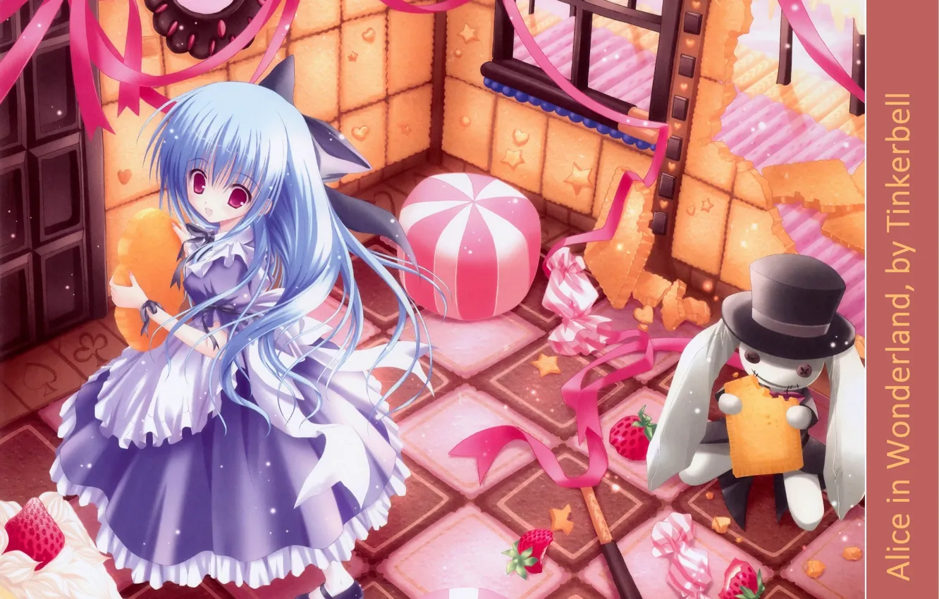 Фото обои печенье, сладости, леденцы, домик, Alice in Wonderland, Алиса в Стране Чудес, голубое платье, цилиндр шляпа