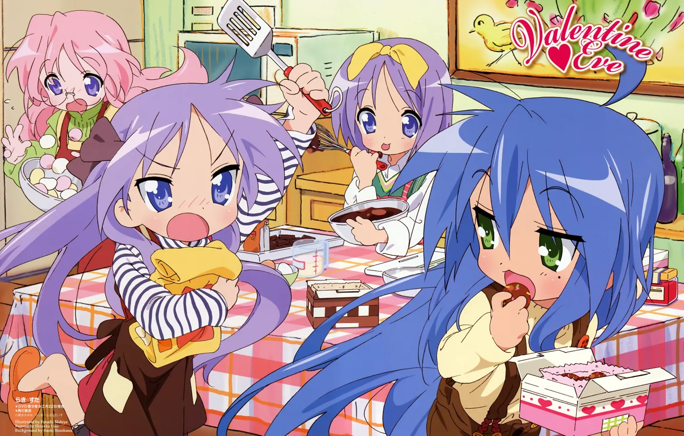 Фото обои сладости, веселье, подруги, на кухне, синие волосы, готовка, Kagami Hiiragi, Lucky Star