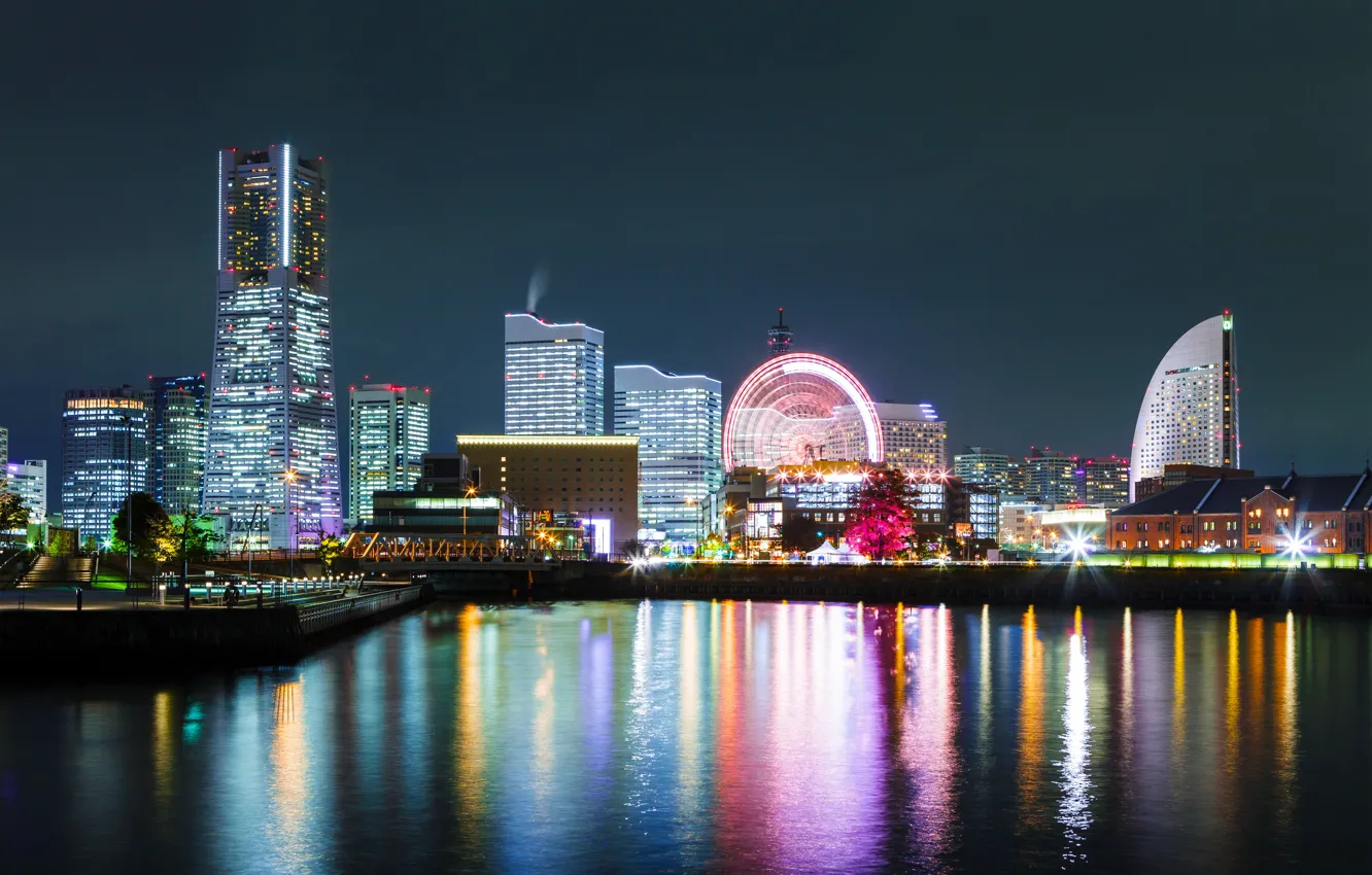 Фото обои ночь, город, огни, небоскребы, Япония, Йокогама