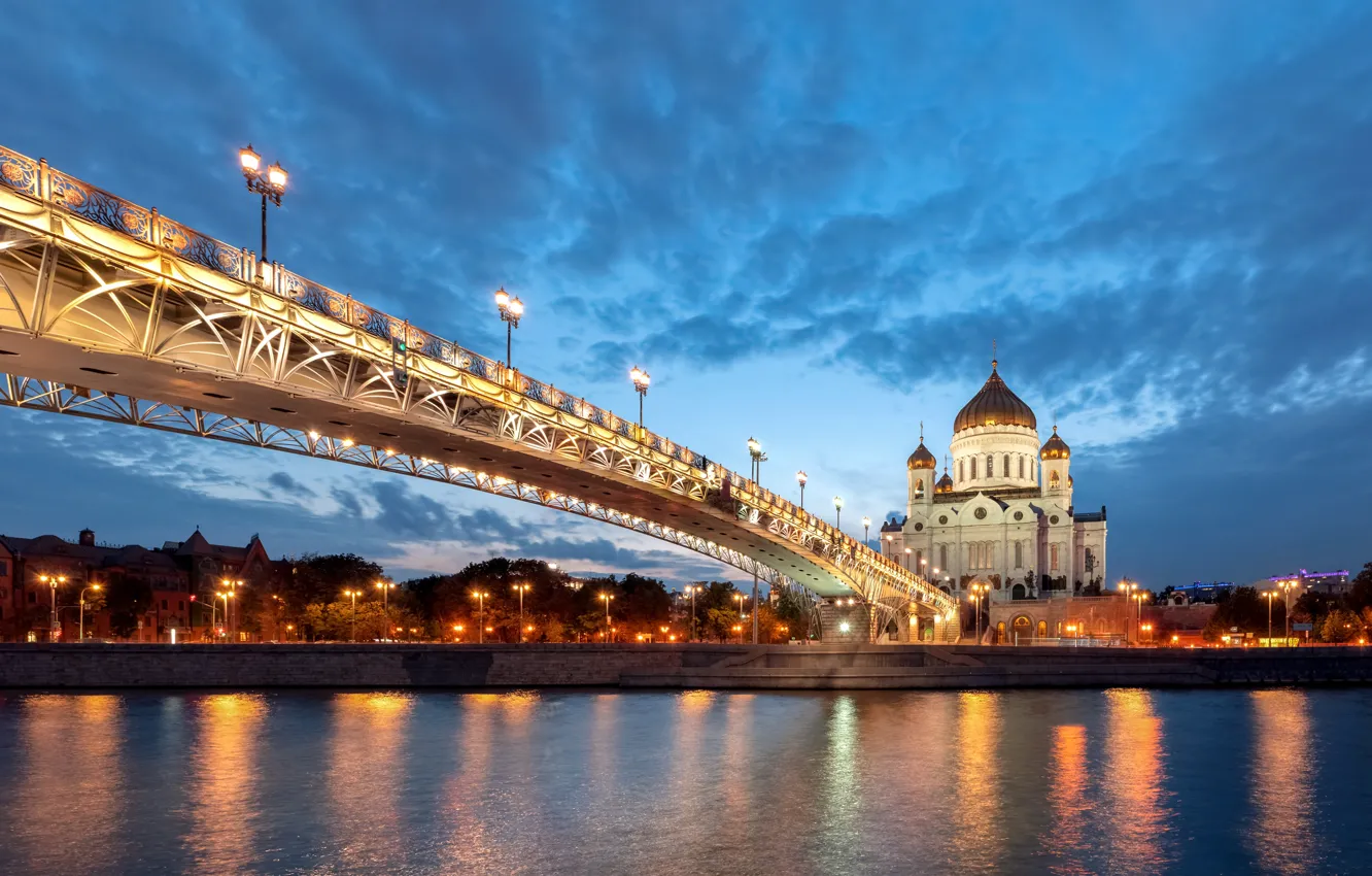 Фото обои ночь, мост, город, река, освещение, Москва, храм, Храм Христа Спасителя