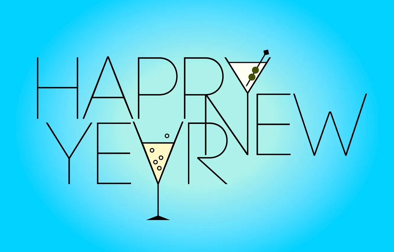 Фото обои праздник, новый год, бокалы, слова, голубой фон, happy new year, поздравление, holiday