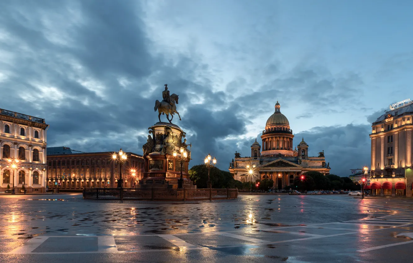Фото обои здания, дома, площадь, фонари, Санкт-Петербург, памятник, собор, Исаакиевский собор