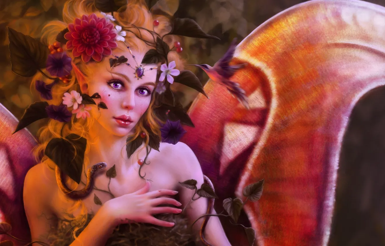 Фото обои девушка, цветы, птицы, крылья, арт, Tanya Varga