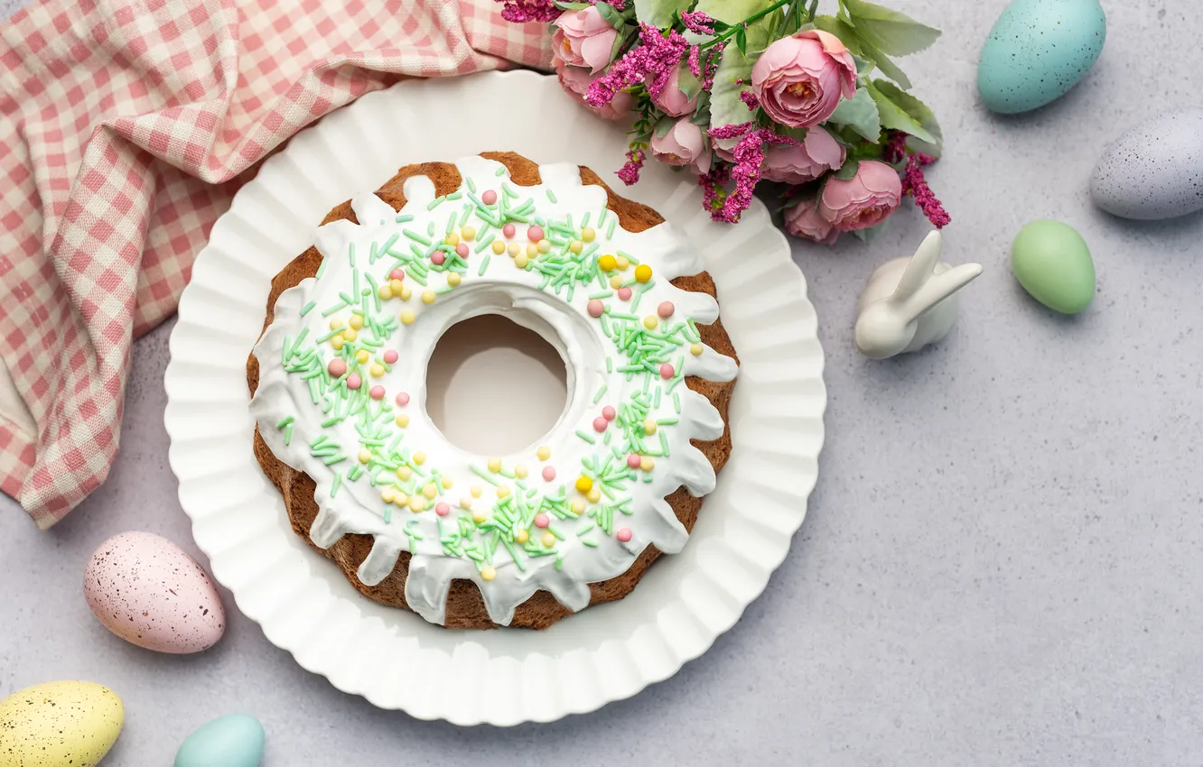 Фото обои цветы, яйца, весна, colorful, Пасха, happy, cake, кулич