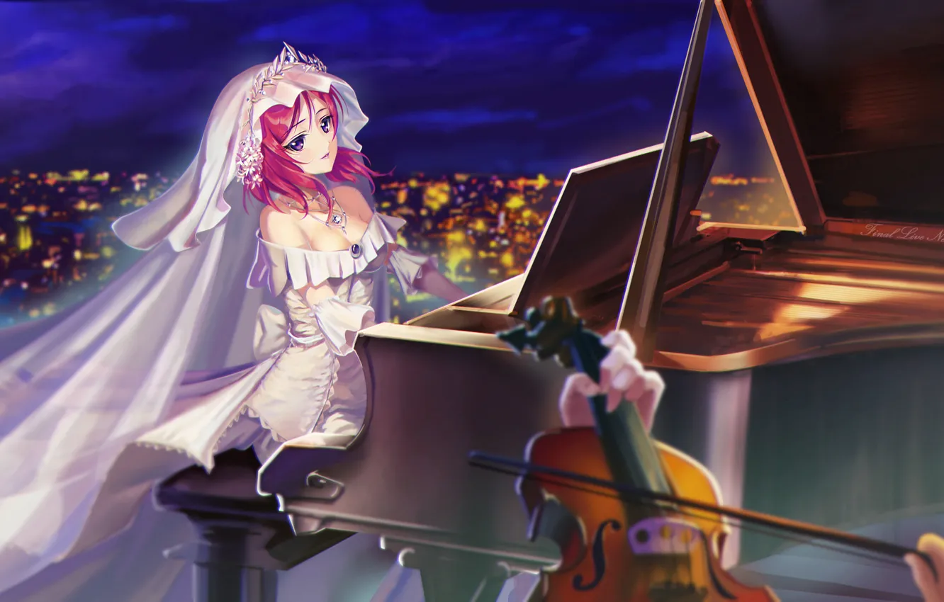 Фото обои девушка, ночь, город, огни, скрипка, аниме, рояль, арт