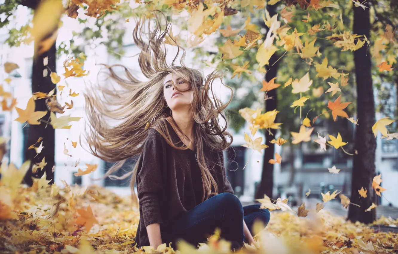 Фото обои осень, девушка, ветер, листва