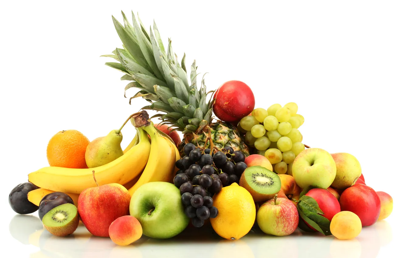 Фото обои ягоды, яблоки, апельсины, виноград, бананы, фрукты, ананас, персики