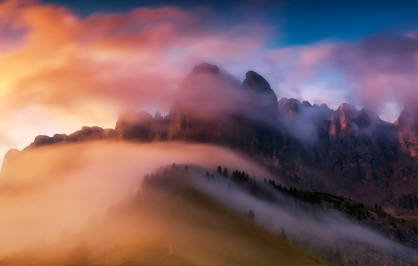 Фото обои облака, свет, горы, туман, краски, утро, Альпы