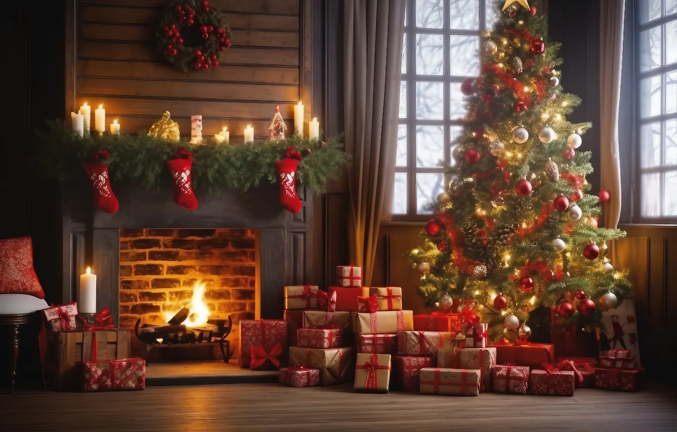 Фото обои комната, елка, интерьер, Рождество, Новый год, камин, Christmas, view