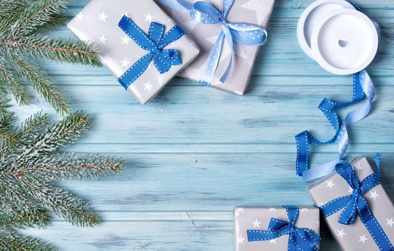 Фото обои Новый Год, Рождество, blue, merry christmas, bow, decoration, gifts